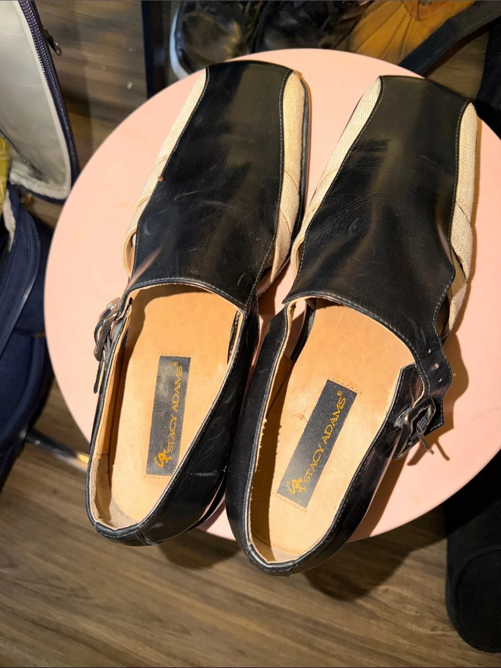 Stacy Adams Black and Cream Leather Slingback Sandals